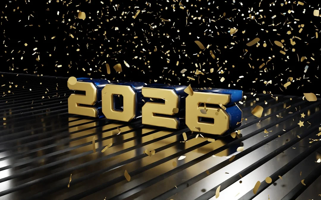 Golden 2026 numbers with falling confetti
